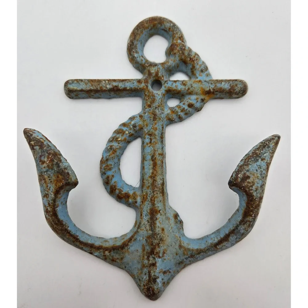 Anchor Wall Hook Cast Iron Nautical Rustic Blue‎ Coastal Sea Weathered Vintage